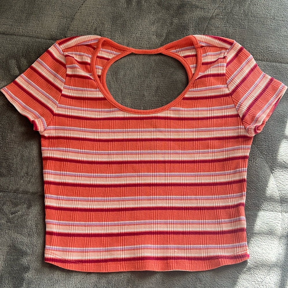XS open back orange lavender magenta cream and white striped Sonoma crop top
